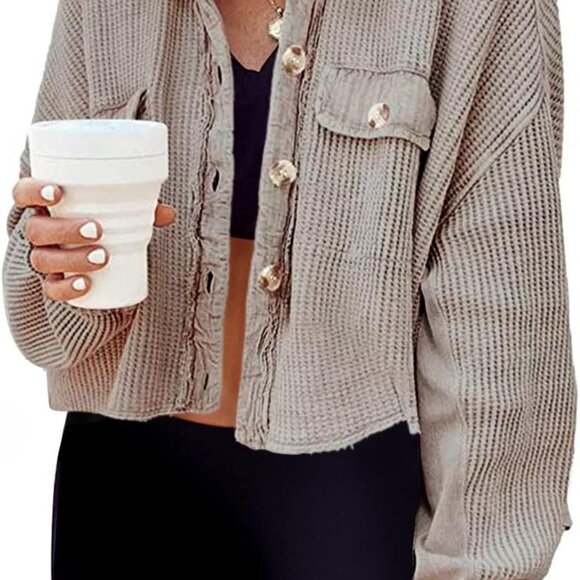 Women's Cropped Waffle Knit Shacket Short Button Down Jacket Batwing Sleeve Shir - Picture 2 of 5